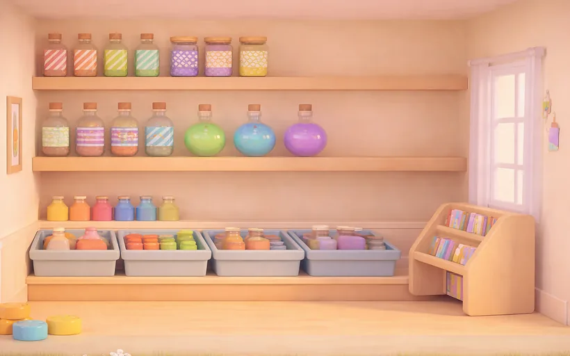 Shelves lined with softly colored potion bottles in a warm pantry.