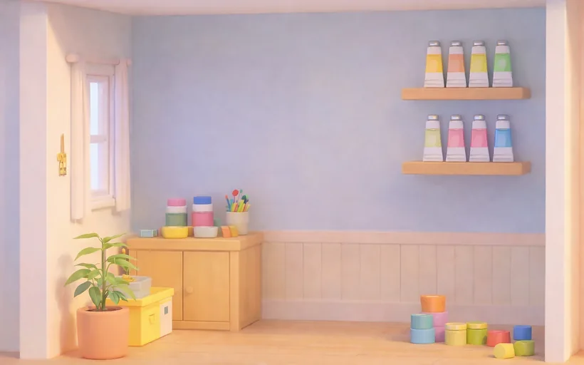 A cozy art studio with pastel paint tubes on wooden shelves and a sunny window.